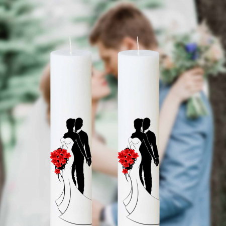 Articole Nuntă - Set 2 Lumanari Nunta Mire si Mireasa cu buchet rosu