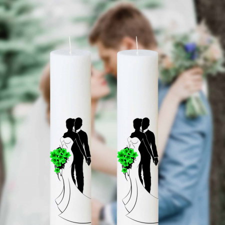 Articole Nuntă - Set 2 Lumanari Nunta Mire si Mireasa cu buchet verde
