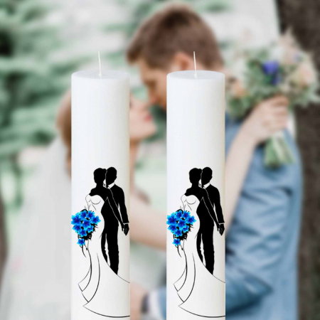Lumânări Nuntă simple - Set 2 Lumanari Nunta Mire si Mireasa cu buchet albastru
