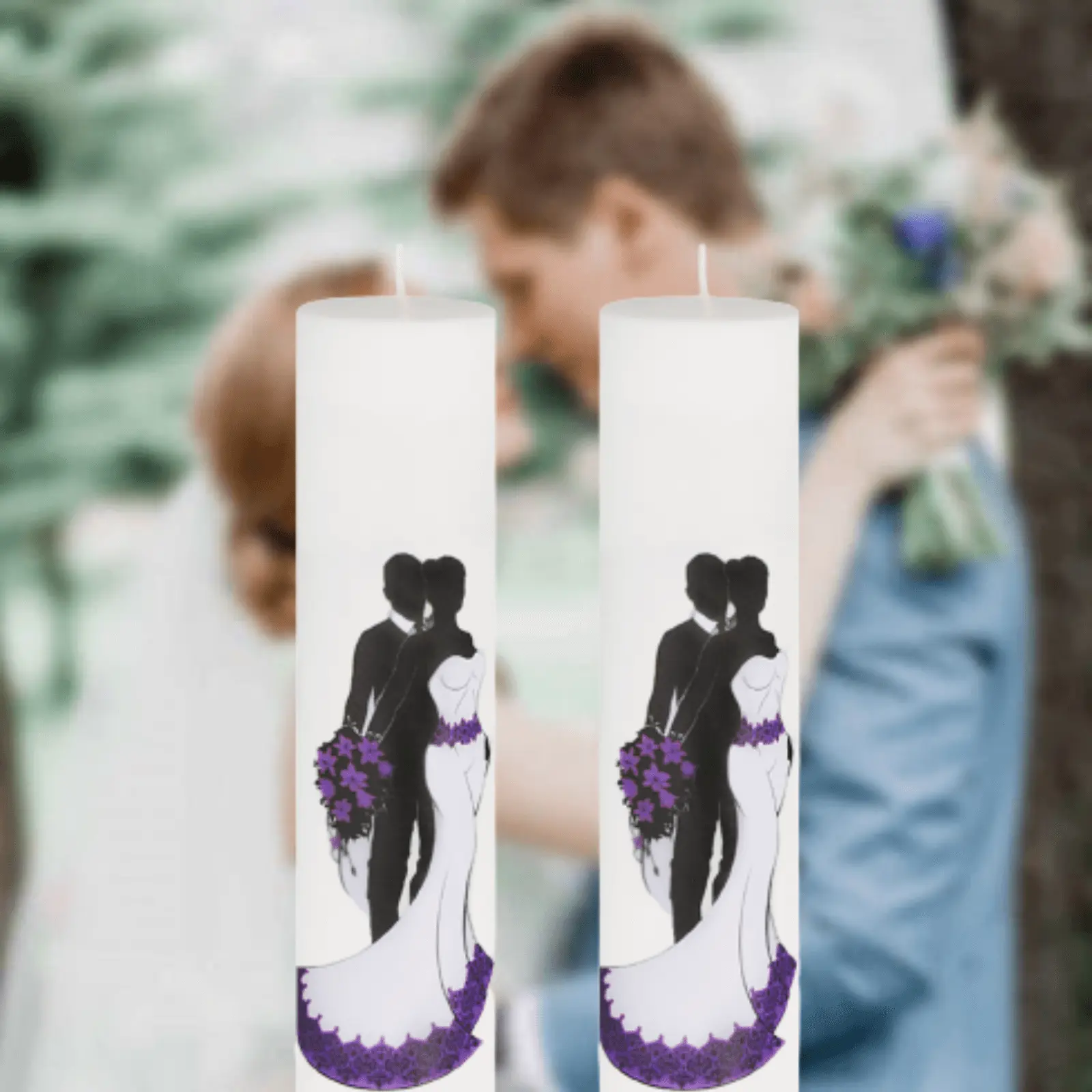 Lumânări Nuntă simple - Set 2 Lumanari Nunta Mire si Mireasa cu mov