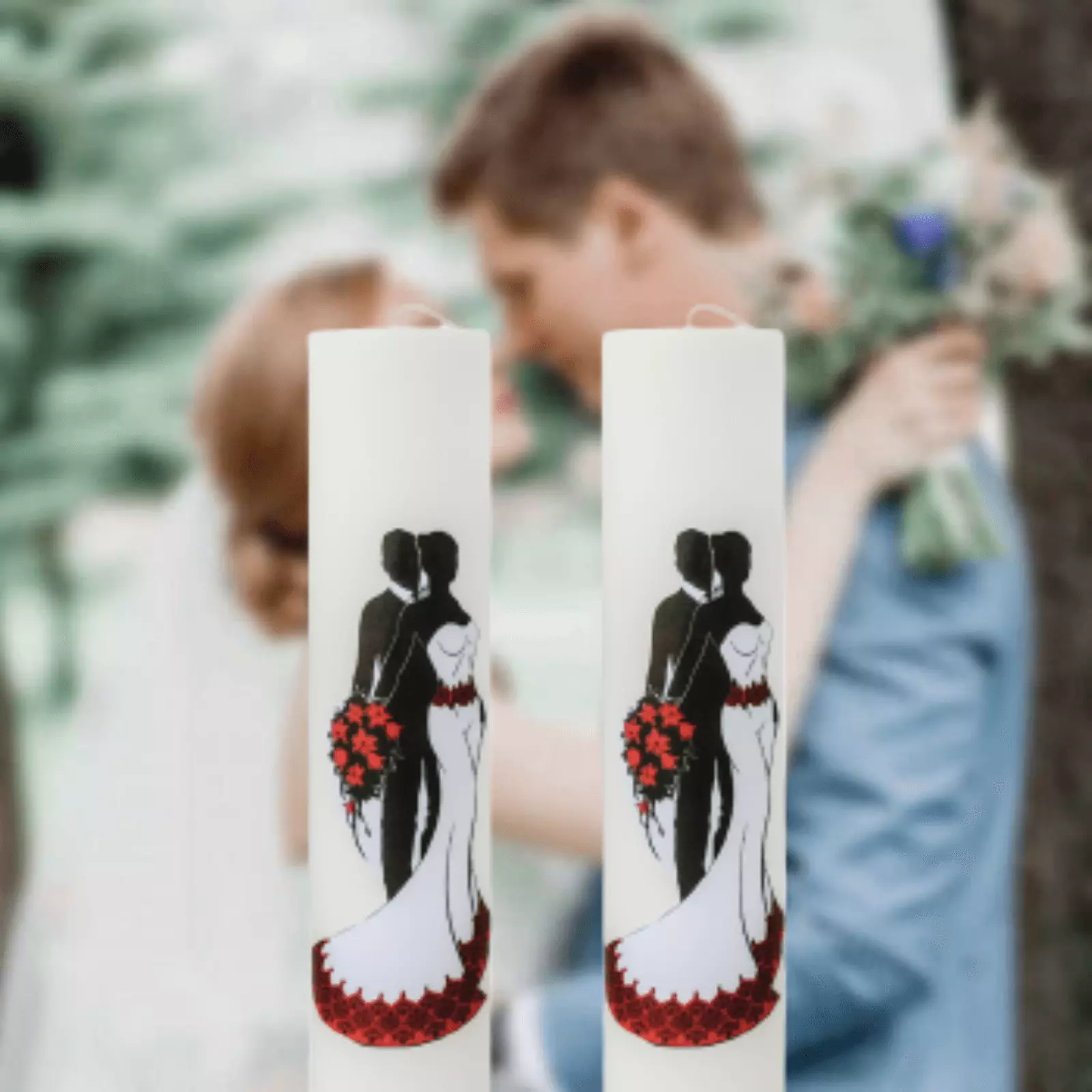 Lumânări Nuntă simple - Set 2 Lumanari Nunta Mire si Mireasa cu rosu