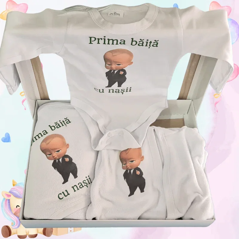 Trusouri si Lumânări decorate Botez - Set Prima Baie de la Nași Imprimat Bebe Boss