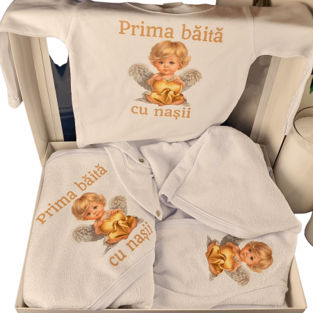 Trusouri si Lumânări decorate Botez - Set prima baita cu nasii - model Ingeras cu inimioare aurii