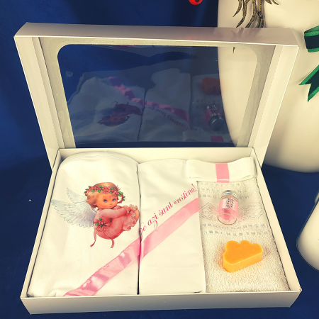 Trusouri si Lumânări decorate Botez - Trusou pentru botez imprimat cu ingeras roz