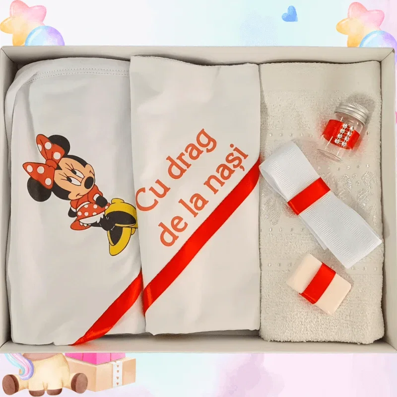 Trusouri si Lumânări decorate Botez - Trusou botez imprimat Minnie roșu cu mesaj