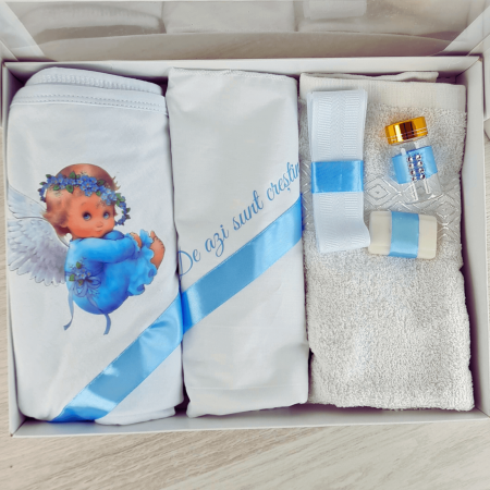 Trusouri si Lumânări decorate Botez - Trusou pentru botez imprimat cu ingeras albastru