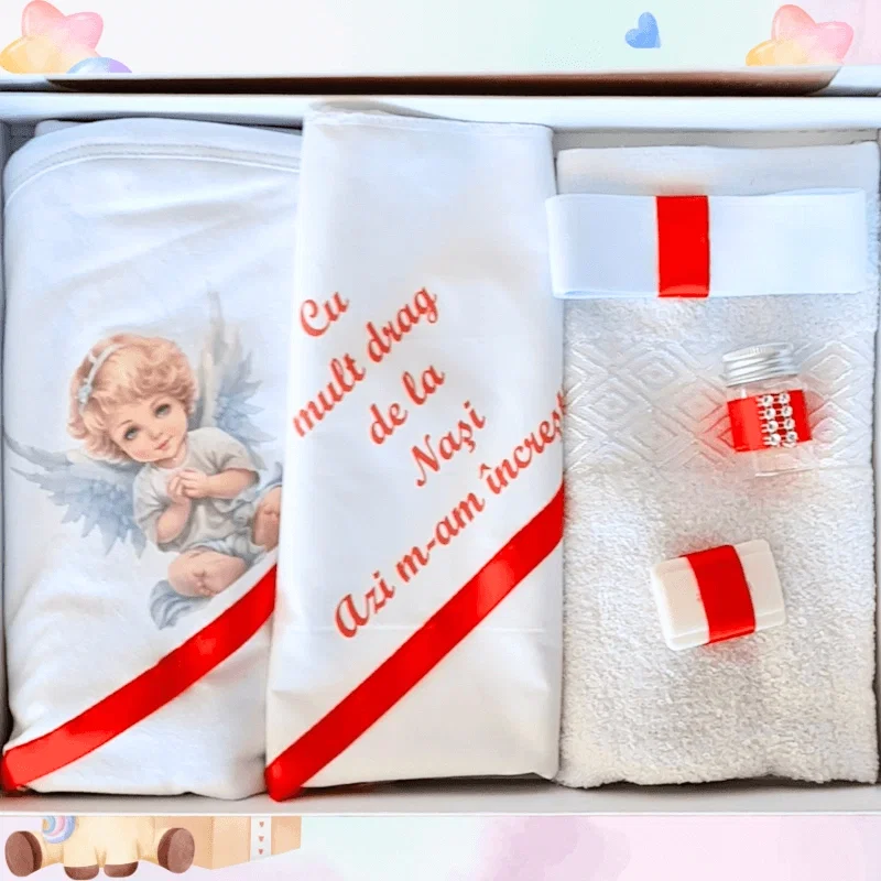 Trusouri si Lumânări decorate Botez - Trusou pentru botez imprimat cu Ingeras dragalas rosu