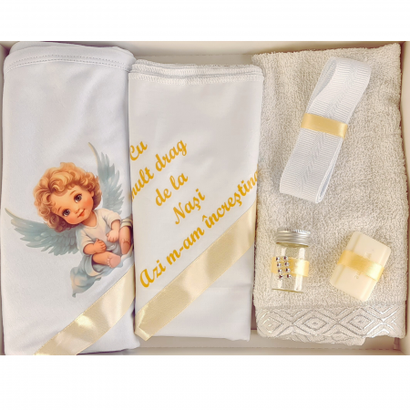 Trusouri si Lumânări decorate Botez - Trusou pentru botez imprimat cu Ingeras dragalas crem