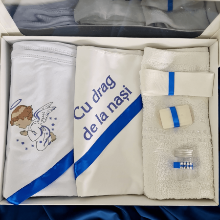 Trusouri si Lumânări decorate Botez - Trusou pentru botez imprimat cu ingeras albastru