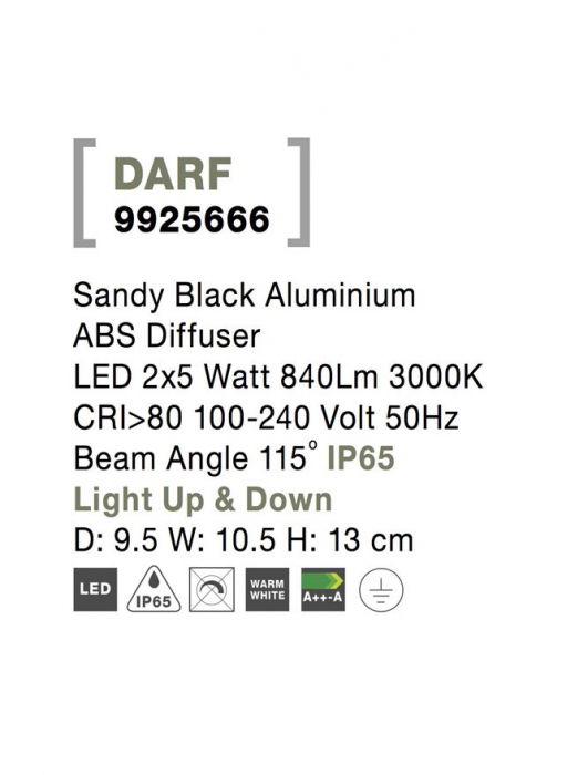 9925666 Aplica Nova Luce DARF LED 2x5W 690lm 3000K IP65 Aluminium ABS Diffuser Sandy Black CRI>80 Beam Angle 115° Light Up & Down [6]