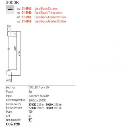 Suspensie Redo Irides, sticla transparenta, LED, 3W, 209 lumeni, alb cald 3000K, D.10 cm, 01-3956 [2]