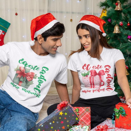 Tricouri Gravide - Set 2 Tricouri Craciun Personalizate - El este cadoul meu perfect  Ea este cadoul meu minunat  