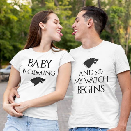 Tricouri Gravide - Set 2 Tricouri Cuplu Personalizate - Baby Is Coming And So My Watch Begins  