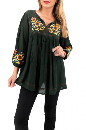 Ii Maneca 3/4 - Bluza tip ie neagra cu broderie florala - Lavinia 2