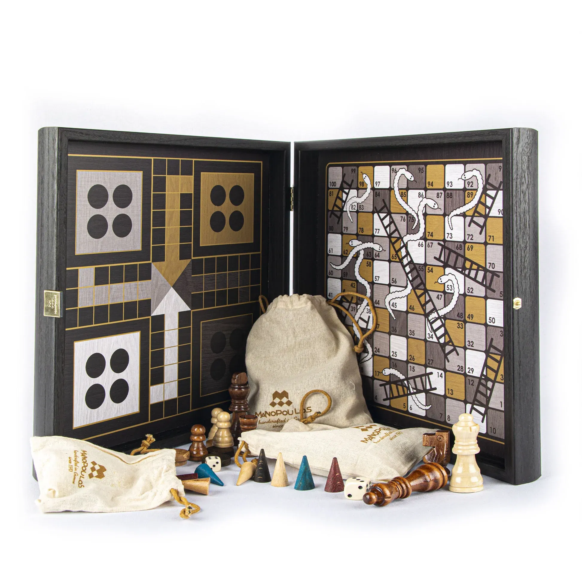 Set Sah + Table/backgammon - Set  Manopoulos (4 în 1) Șah, Table, Ludo & Snakes 34 x 34 cm - 4 CULORI
