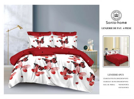 Lenjerii de pat bumbac - Lenjerie de pat bumbac 6 piese alb cu rosu, imprimeu fluturi