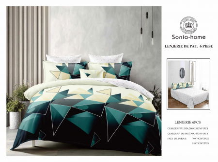 Lenjerii de pat bumbac - Lenjerie de pat bumbac 6 piese nuante de verde, imprimeu geometric