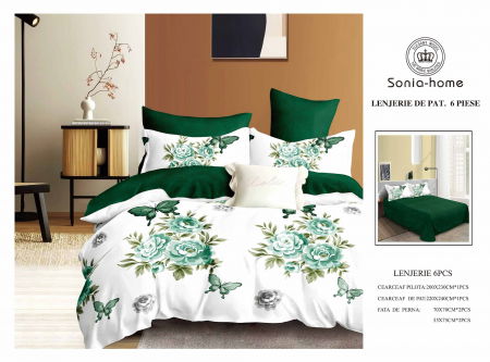 Lenjerii de pat bumbac - Lenjerie de pat bumbac 6 piese alb cu verde, imprimeu floral