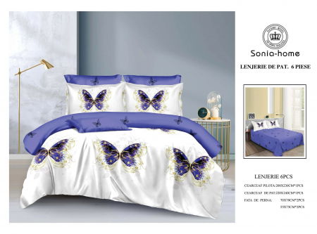 Lenjerii de pat bumbac - Lenjerie de pat bumbac 6 piese alb cu mov, imprimeu fluturi