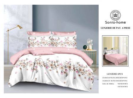Lenjerii de pat bumbac - Lenjerie de pat bumbac 6 piese alb cu roz,  imprimeu floral