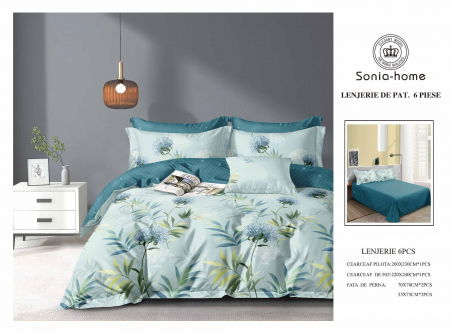 Lenjerii de pat bumbac - Lenjerie de pat bumbac 6 piese culoare mint, imprimeu floral
