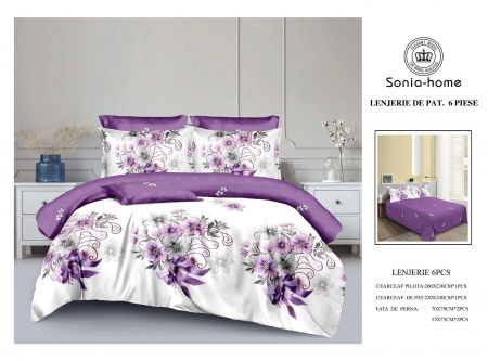 Lenjerii de pat bumbac - Lenjerie de pat bumbac 6 piese alb cu mov, imprimeu floral