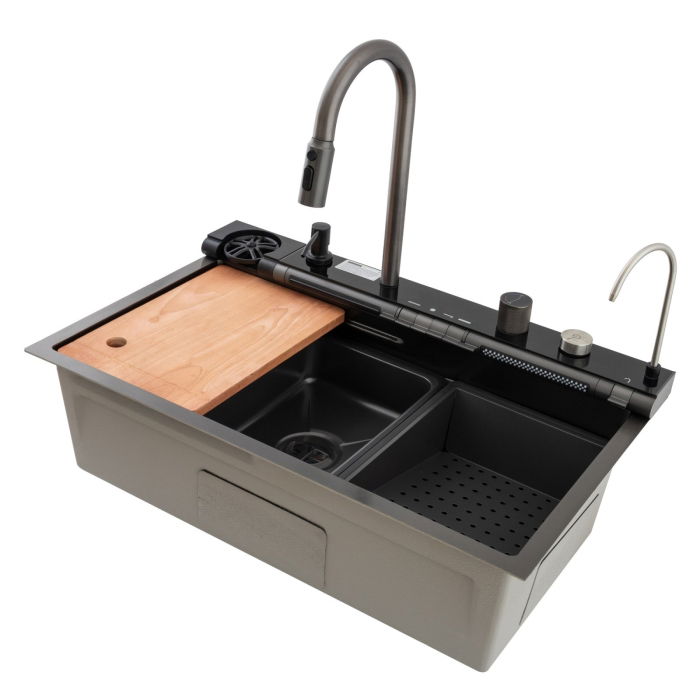 Chiuveta multifunctionala Mixxus, Cuva 220mm, Nano Black, Finisaj Decor, Otel inoxidabil [2]