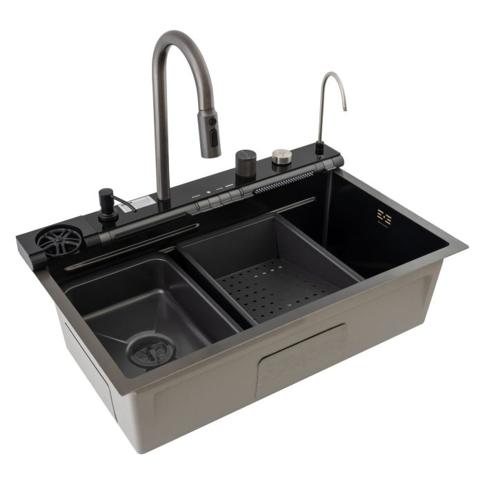 Chiuveta multifunctionala Mixxus, Cuva 220mm, Nano Black, Finisaj Decor, Otel inoxidabil [3]