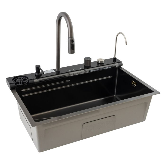 Chiuveta multifunctionala Mixxus, Cuva 220mm, Nano Black, Finisaj Decor, Otel inoxidabil [4]