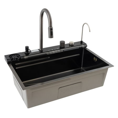 Chiuveta multifunctionala Mixxus, Cuva 220mm, Nano Black, Finisaj Decor, Otel inoxidabil [3]