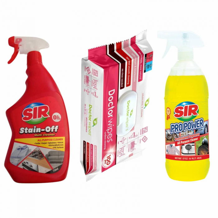 Pachet PROMO CURATENIE 3 in 1: Solutie pentru indepartarea petelor, multi suprafete, Sir Stain-Off, 750 ml + Spray Degresant Universal SIR Propower Profesional All Purpose Cleaner, 1000 ml  + Servetel [1]