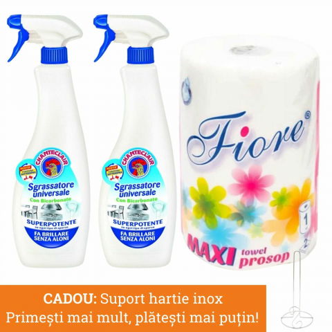 Produse curatare bucatarie - Pachet: 2 x Chanteclair Degresant Bicarbonat + Prosop de bucatarie Maxi, 2 straturi, 130 foi + CADOU: Suport rola hartie prosoape de bucatarie, inox, 27 cm