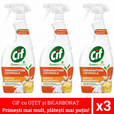 Produse curatare bucatarie - 3x Cif Spray Degresant cu Otet si Bicarbonat 650ml – Pachet Economic