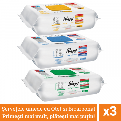 Solutii suprafete bucatarie - Pachet promo 3 x Servetele Umede cu Otet si Bicarbonat, Multisuprafete, Sleepy Easy Clean, 100 buc / pachet