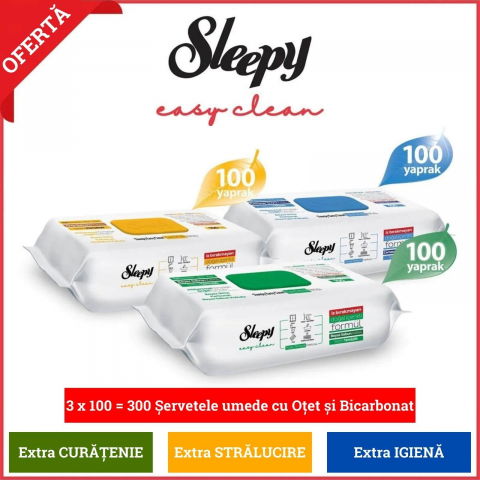 Solutii suprafete bucatarie - Pachet promo 300 Servetele umede Sleepy cu Otet si Bicarbonat, Extra Cleaning, Multisuprafete