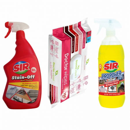 Produse curatare bucatarie - Pachet PROMO CURATENIE 3 in 1: Solutie pentru indepartarea petelor, multi suprafete, Sir Stain-Off, 750 ml + Spray Degresant Universal SIR Propower Profesional All Purpose Cleaner, 1000 ml  + Servetel