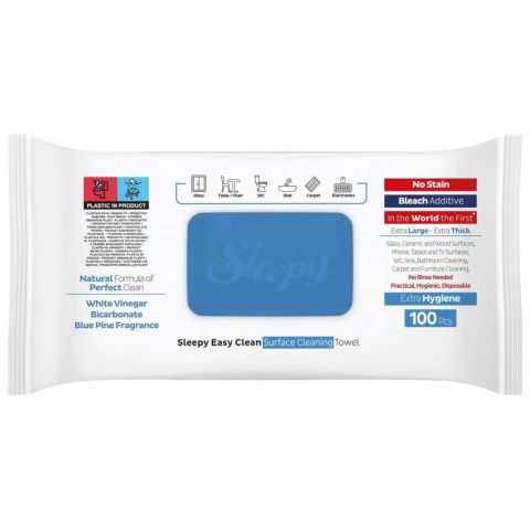 Produse curatare bucatarie - Servetele Umede Sleepy Easy Clean Bleach Additive, 100 Buc – Otet si Bicarbonat, Miros Pin Albastru
