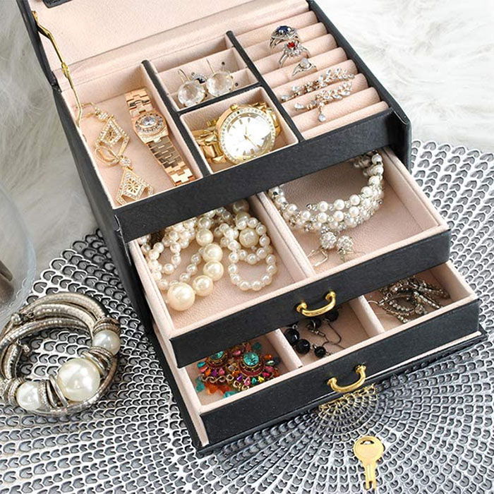 Cutie de bijuterii XL cu oglinda, cheita si 20 compartimente