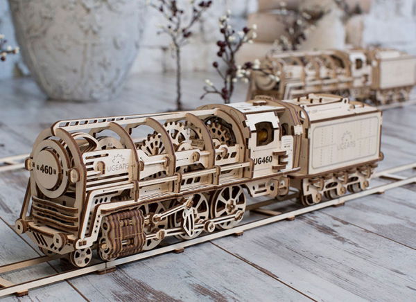 Puzzle 3D Locomotiva cu Aburi si Vagon din Lemn Ugears [11]