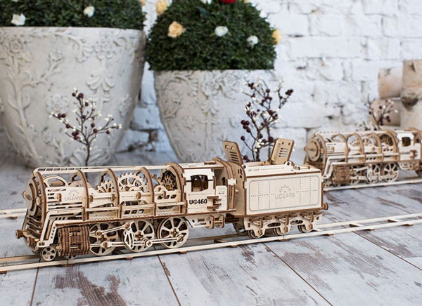 Puzzle 3D Locomotiva cu Aburi si Vagon din Lemn Ugears [12]