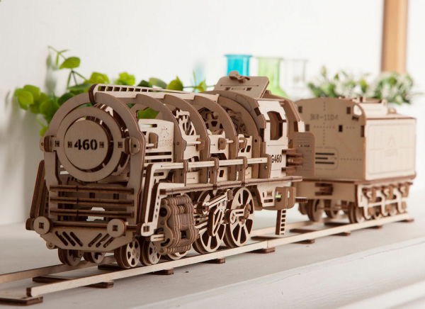 Puzzle 3D Locomotiva cu Aburi si Vagon din Lemn Ugears [9]