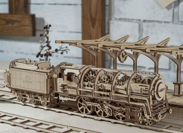 Puzzle 3D Locomotiva cu Aburi si Vagon din Lemn Ugears [22]