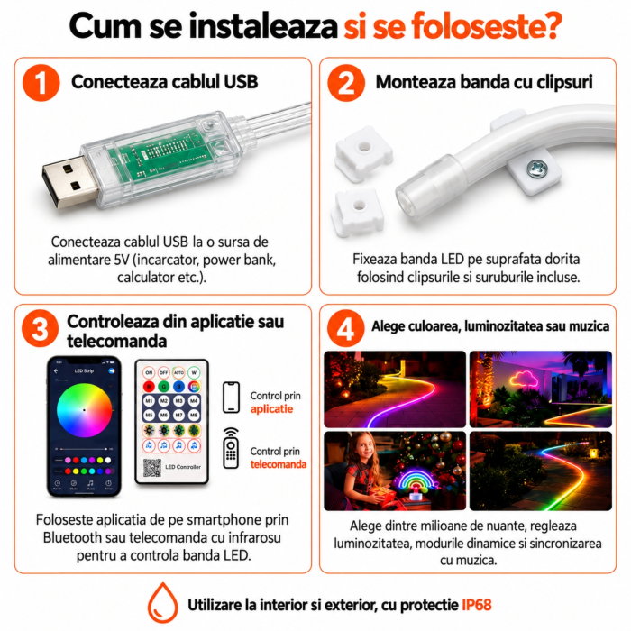 Banda luminoasa LED Neon RGB 5 m, USB, Control prin Aplicatie si Telecomanda [9]