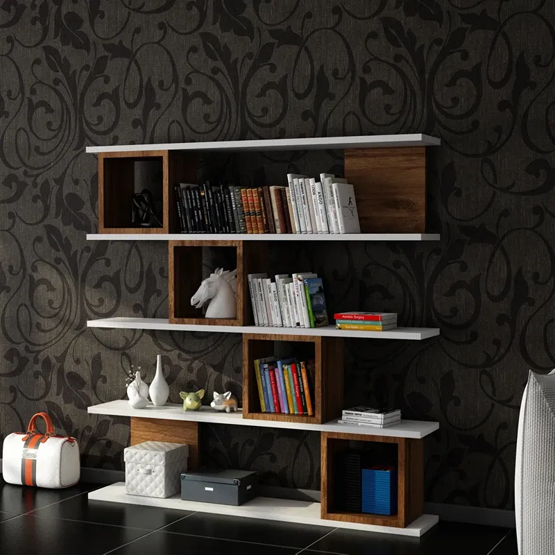 Biblioteca Wind alb, nuc, rafturi multiple, fixare pe perete [1]