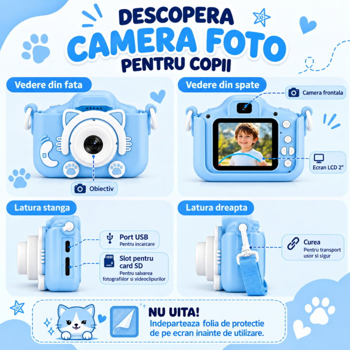 Camera foto pentru copii Smart Fun Albastru, 96 MP, Ecran 2.0 inch, 64 GB SD, 1080P HD [18]