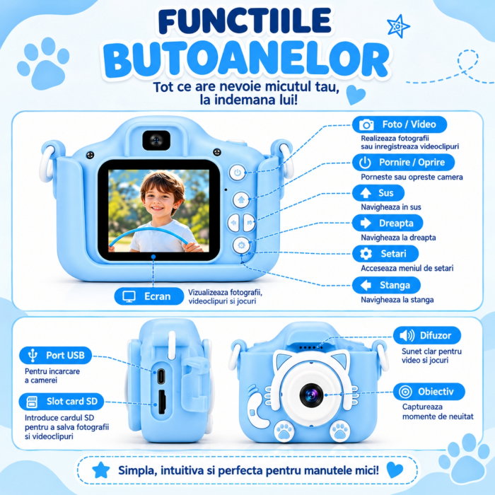 Camera foto pentru copii Smart Fun Albastru, 96 MP, Ecran 2.0 inch, 64 GB SD, 1080P HD [14]