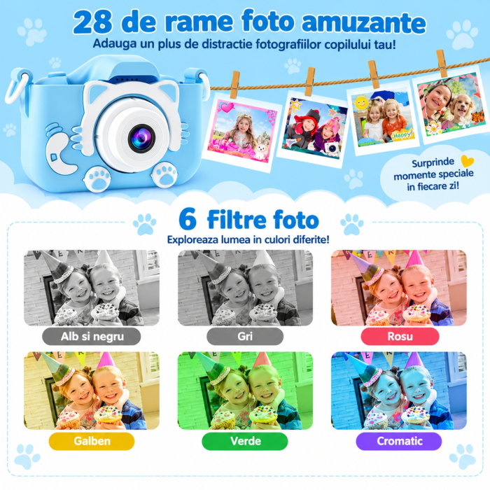 Camera foto pentru copii Smart Fun Albastru, 96 MP, Ecran 2.0 inch, 64 GB SD, 1080P HD [13]