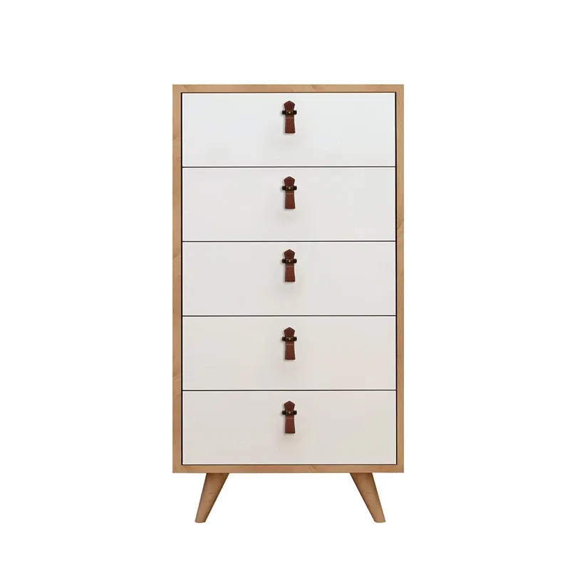 Comoda Frenzu, stejar alb, 5 sertare, manere piele PU, stil natural [4]