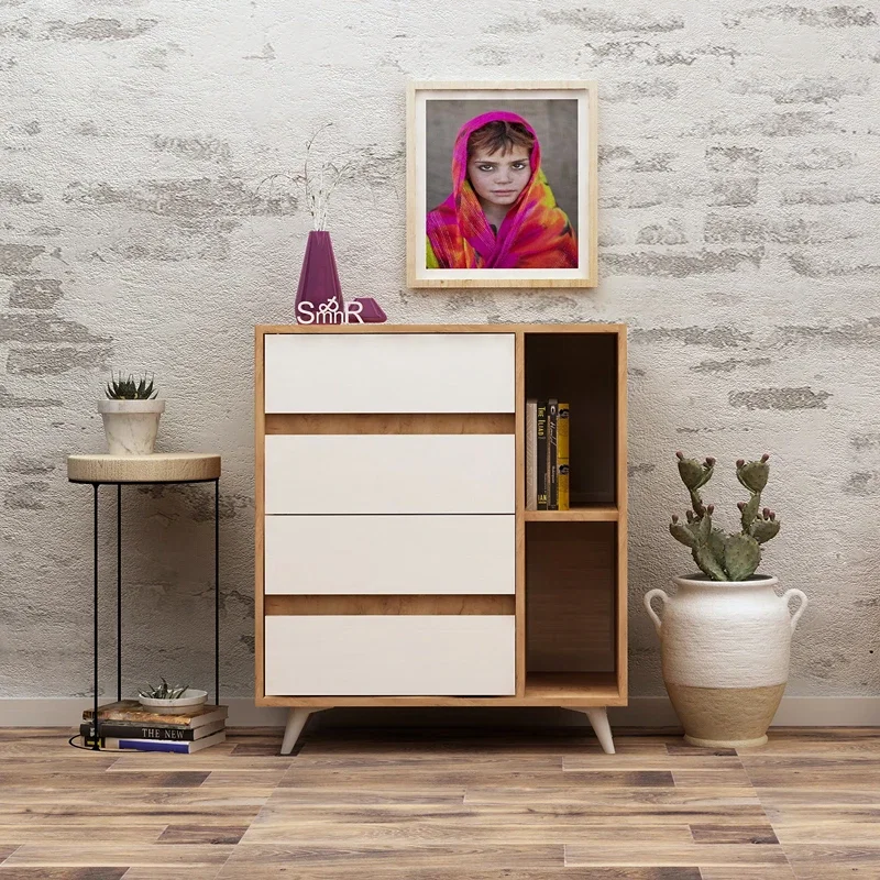 Comoda Tsela, stejar alb, 2 sertare, rafturi multiple, stil modern [2]