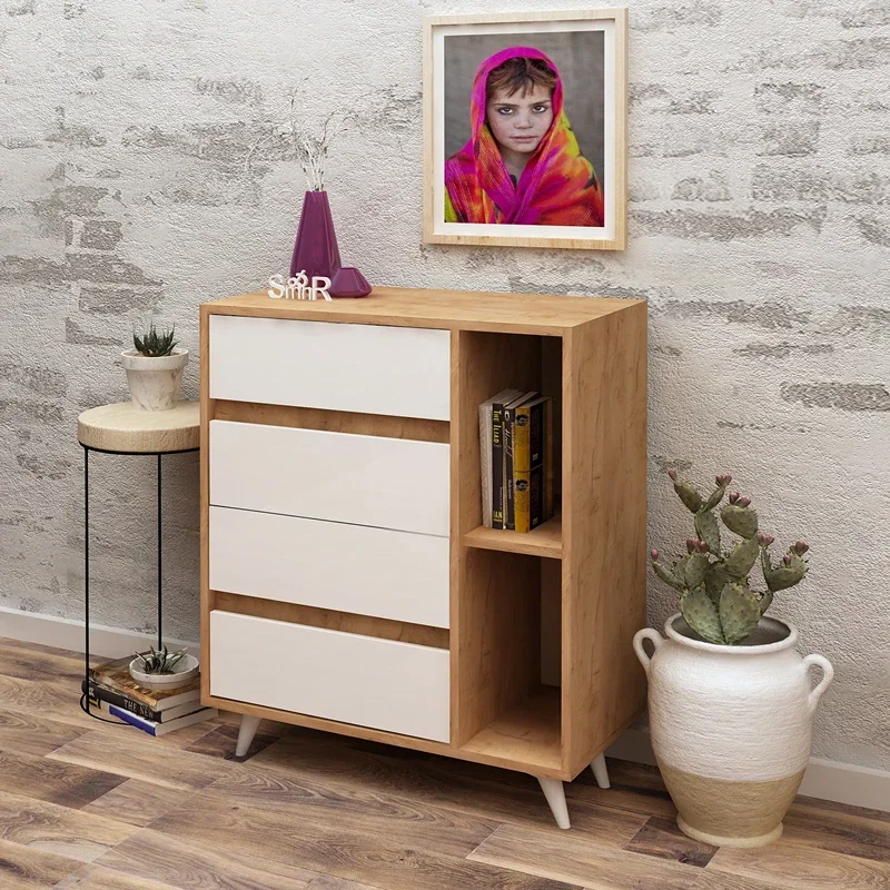 Comoda Tsela, stejar alb, 2 sertare, rafturi multiple, stil modern [1]